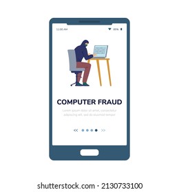 Computer-Betrug-Banner für Smartphone Cyber-Sicherheitswarnung. Massierte Hacker sitzen am Laptop Hacker Cyber-Sicherheit und klauen Online-Daten, Passwort und Kreditkarteninformationen. Flacher Vektor.