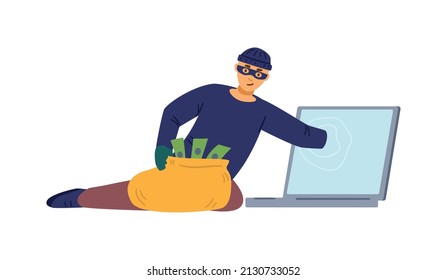 Fraude informático, hacker con máscaras y ladrón que roba información de tarjeta de crédito o dinero. Estafa criminal en línea, aislada. Ilustración vectorial plana.