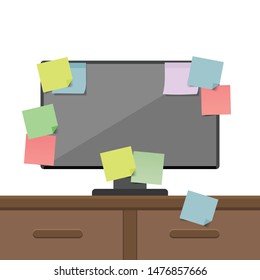 Computer full of sticky note cards. agenda, to do list. Vector illustration. 