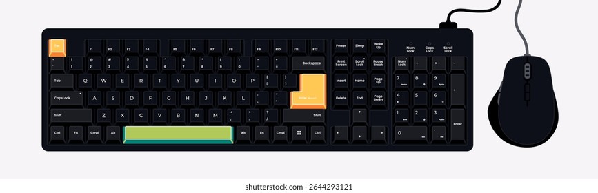 Computer full-size keyboard and mouse. Vector illustration. Modern design. Suitable for tech, office, UI elements, digital devices, and workspace concepts. Black color.