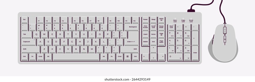 Computer full-size keyboard and mouse. Vector illustration. Modern design. Suitable for tech, office, UI elements, digital devices, and workspace concepts. White color.