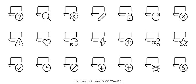Computer function icon. representing various webpage and browser actions, including search, settings, edit, lock, refresh, favorite, and alerts, in a minimalist outline 