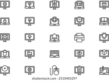 A coleção de ícones de funções do computador é uma ilustração vetorial com traçado editável.