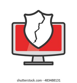 Computer gadget with broken shield icon. Technology device and media theme. Isolated design. Vector illustration