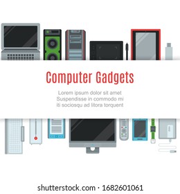 Computer and gadgets connected mobile communication high tech devices vector illustration. Transmission information on various data storage and cloud computing service computer gadgets poster.