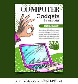 Computer Gadgets Creative Advertise Banner Vector. Laptop Computer Electronic Device And Woman Hand Gesture Show Ok. Accessories Special Discount Concept Mockup Designed In Vintage Style Illustration