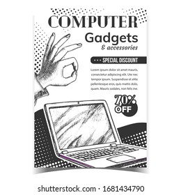 Computer Gadgets Creative Advertise Banner Vector. Laptop Computer Electronic Device And Woman Hand Gesture Show Ok. Accessories Special Discount Concept Mockup Designed In Vintage Style Illustration