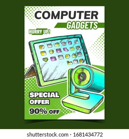 Computer Gadgets Creative Advertise Poster Vector. Web Camera And Electronic Tablet Digital Gadgets. Internet Video Communication Device. Concept Template Hand Drawn In Vintage Style Illustration