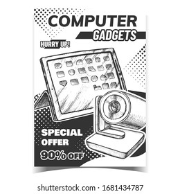 Vector de póster de publicidad creativa para gadgets de computadora. Cámara Web Y Gadgets Electrónicos De Tablet Digital. Dispositivo de comunicación de vídeo por Internet. Mano De Plantilla De Concepto Dibujada En Ilustración De Estilo Vintage