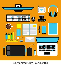 Computer gadgets top view. Vector promotional pictures set in flat style