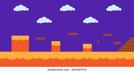 Computer game background. Abstract design. Retro arcade. Cartoon character. Cloud sky. Vector illustration. Stock image.