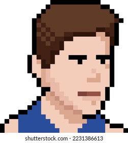 A computer game character in a blue T-shirt. Pixel art NFT concept. Vector illustration