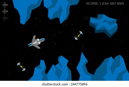 Computer game concept. Level complete screen. Spaceship in space