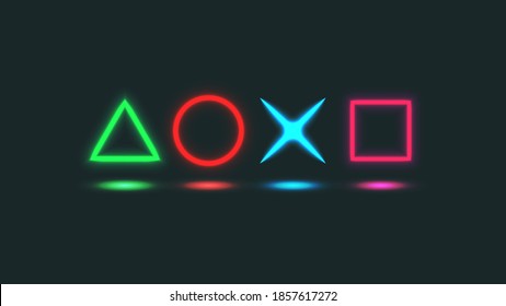 Computer game horizontal background glowing neon signboard geometric shapes of the game joystick square, triangle, circle, cross - backdrop on the gamer monitor