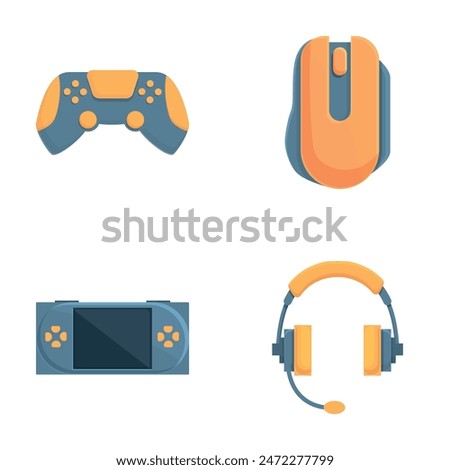 Computer game icons set cartoon vector. Professional gaming equipment. Pastime, hobby