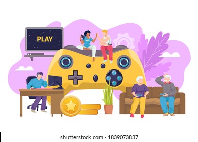 Computer game joystick for everyone vector illustration. Console technology for gamer play background, people family player. Fun video gaming with flat controller for leisure graphic design.