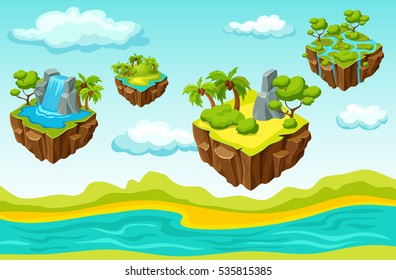 Computer game level including hanging islands with various sceneries on natural landscape background isometric template vector illustration 