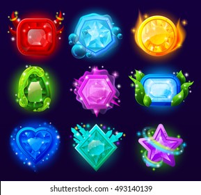 Gemas mágicas de juegos de ordenador con diferentes efectos en la ilustración vectorial aislada de fondo negro   
