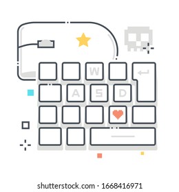 Computer game related color line vector icon, illustration. The icon is about game controller, keyboard, mouse, configure controls. The composition is infinitely scalable.