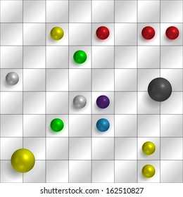 Computer game screen with checkers and spheres