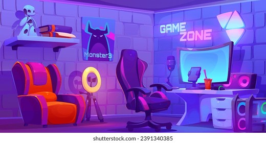 Computer game streaming studio. Vector cartoon illustration of lounge room with desktop pc, microphone, round led lamp, smartphone for streaming, armchairs, books and toy robot on shelf, wall poster