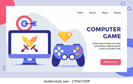 Computer game sword on display monitor campaign for web website home homepage landing page template banner flyer with modern flat style