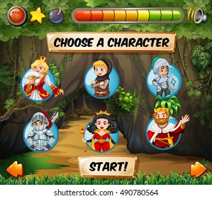 Computer game template with fairytales characters illustration