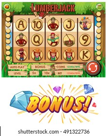 Computer game template with lumberjack theme illustration