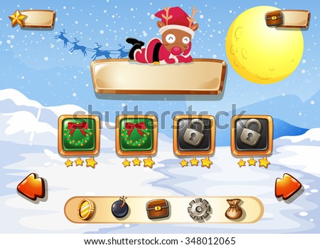 Computer game template with snow and reindeer illustration