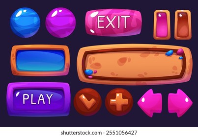 Computer game ui buttons set isolated on black background. Vector cartoon illustration of progress bar, round and rectangle frames, border templates, arrow signs, gaming app design elements kit