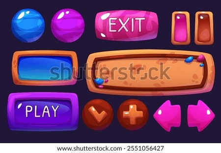 Computer game ui buttons set isolated on black background. Vector cartoon illustration of progress bar, round and rectangle frames, border templates, arrow signs, gaming app design elements kit