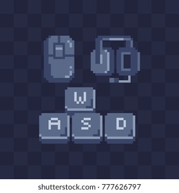 Dispositivos de juego de equipos. Accesorios para torneos de juegos. Iconos de estilo de arte de píxeles de Cybersport. Juega en PC. Ratón, teclado y auriculares. Ilustración vectorial abstracta aislada. Sprite de 8 bits. 