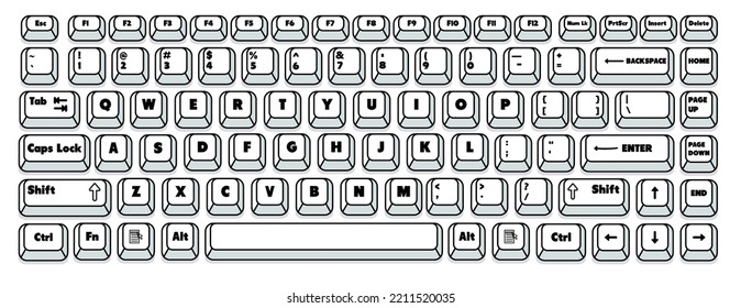 Teclado de jugador de computadora, todas las teclas, ilustración vectorial. Teclas de alfabetos, botones de teclado de control de juegos. Claves isométricas con control completo. 4.000 m. Teclado inalámbrico aislado.