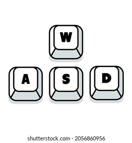 Computer gamer keyboard, WASD or WSAD keys, vector illustration. Alphabets keys, game control keyboard buttons. Isometric keys with full control. 4k size. Wireless isolated keyboard. Qwerty Keyboard.