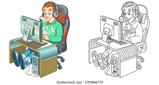 Jugador de computadoras o trabajador de oficina. Página coloreada y carácter colorido de clipart. Diseño de caricaturas para la impresión de camisetas, icono, logotipo, etiqueta, parche o pegatina. Ilustración vectorial.