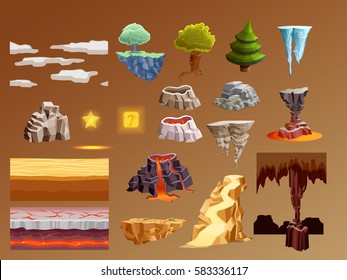 Computer games 3d bright glowing elements collection with golden lava volcano eruption caramel brown background vector illustration 