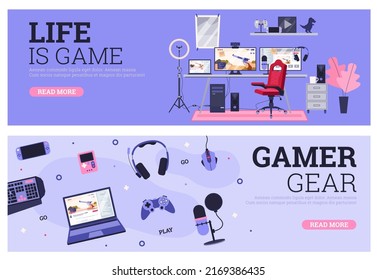 Computer games banners or flyers collection with gadgets and powerful gaming computer, flat cartoon vector illustration. PC games electronic equipment.
