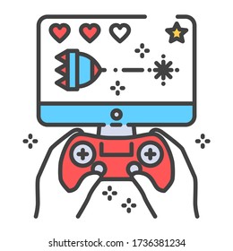 Computer games color line icon. Gamer holding joystick and playing video game. Home leisure. Vector isolated illustration. Editable stroke