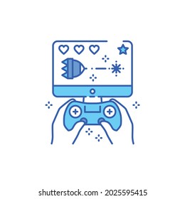 Icono de la línea de color de juegos de computadora. Jugador sosteniendo joystick y jugando a videojuegos. El ocio en casa. Ilustración aislada del vector. Trazo editable