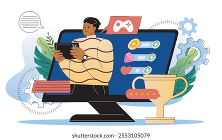 Conceito de jogos de computador. Homem com tablet jogando videogames e arcadas. Gamer e cybersportsman, esports. Player do console. Ilustração de vetor plano isolada no plano de fundo branco