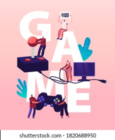 Computer Games Concept. Tiny Characters with Huge Console and Joystick at Tv Screen. Leisure, Gaming Addiction, Sparetime, Virtual Reality Poster Banner Flyer. Cartoon People Vector Illustration