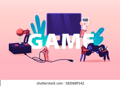 Computer Games Concept. Tiny Characters with Huge Console and Joystick at Tv Screen. Leisure, Gaming Addiction, Sparetime, Virtual Reality Poster Banner Flyer. Cartoon People Vector Illustration