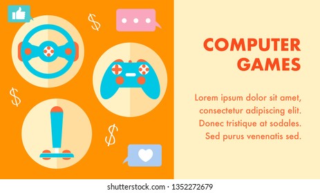 Computer Games, Gaming Flat Vector Banner Template. Gamer Blog Monetization. Gamepad, Joystick, Steering Wheel. Controllers, Likes and Cash Collage. Entertainment Industry Illustration with Text Space