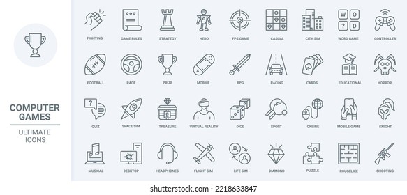 Computer Games, Gaming Technology Thin Line Icons Set Vector Illustration. Outline Digital Race, Fight And Space Simulator, Shooter And RPG, Strategy And Education Games For PC And Mobile Phone