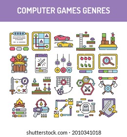 Computer games genres сolor line icons set. Pictogram for web page, mobile app, promo. UI UX GUI design element. Editable stroke.