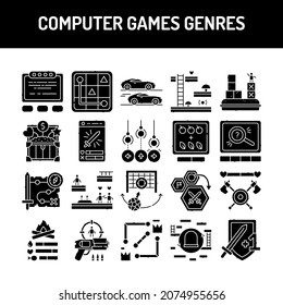 Computer games genres сolor line icons set. Pictogram for web page, mobile app, promo. UI UX GUI design element. Editable stroke.