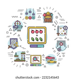 Computer games genres web banner. Infographics with linear icons on white background. Creative idea concept.