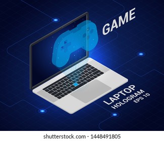 Computer games are a hologram. The laptop is an isometric view. Game industry. Future technology.