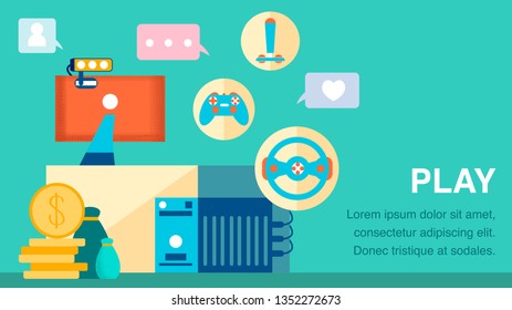 Computer Games Industry Flat Color Banner Template. Blogging Business Monetization, Pay and Play. Gaming Accessories and Internet Icons Composition. Home Entertainment Illustration with Text Space