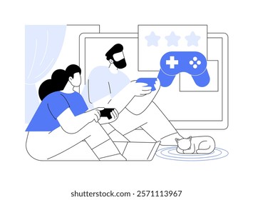 Computer games isolated cartoon vector illustrations. Happy couple playing video games together at home, holding joystick, leisure time with friends, teenagers entertainment vector cartoon.